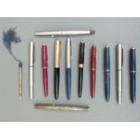 Eleven Parker fountain pens including one marked sterling silver, 17, Slimfold,