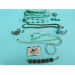 A pearl and jade necklace, jadeite necklaces, rock crystal, quartz and dyed quartz,