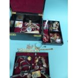 A collection of jewellery including faux pearls, Stratton compact, a collection of watches,