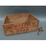 A wooden packing crate for Puritan Olive Oil soap and three flagons for Bristol and Birmingham