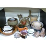 A quantity of studio pottery including a large cat impressed AN to underside, vase marked K Harding,