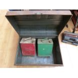 Two vintage two gallon petrol cars and tin trunk