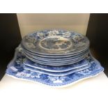 A set of six pearlware dinner plates & three meat plates in elephant pattern by Rodgers