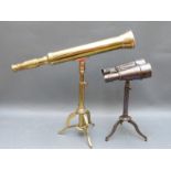 A brass 19thC style telescope on stand and similar binoculars