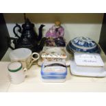 Booths Old Willow lidded hot water food warmer and underplate, three continental sardine dishes,