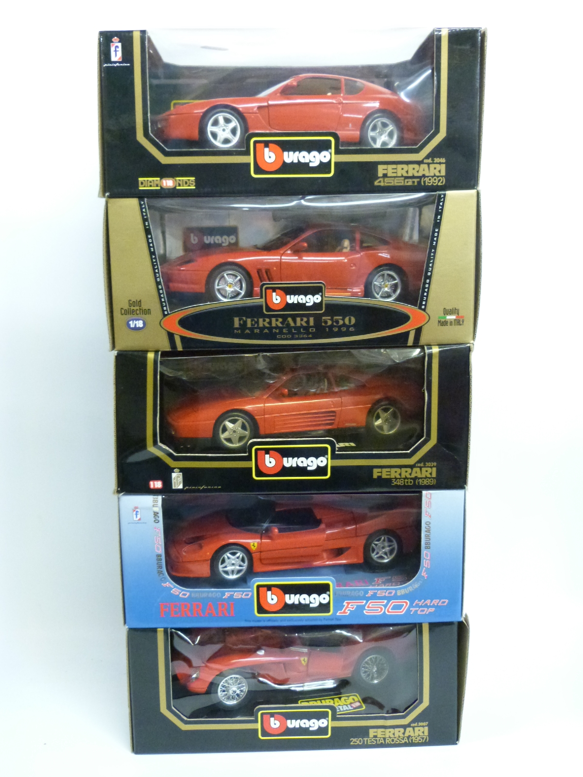 Five Burago 1:18 scale diecast model Ferrari sports cars,
