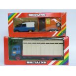 Two Britains model farm vehicles Animal Transporter 9580 and Land Rover and Horse Box set 9593,
