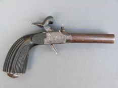 Belgian double barrelled side by side percussion hammer action pistol with engraved locks,