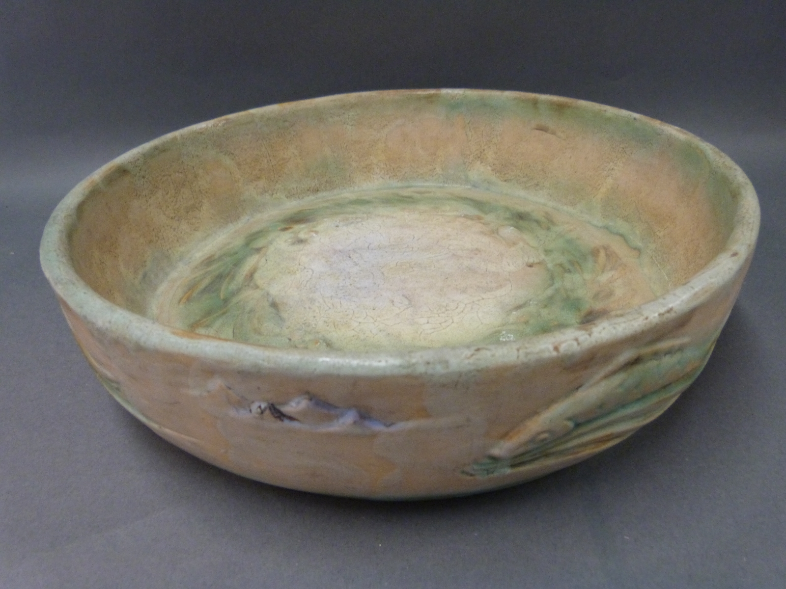 Bourne Denby studio bowl decorated with fish in relief by Donald Gilbert c1930s,