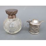 A hallmarked silver mustard pot and spoon and a hallmarked silver-mounted Mappin Brothers glass