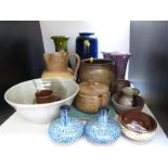 Sixteen pieces of studio and similar pottery including Torquay ware vases, stoneware jug,