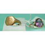 A 9ct gold ring set with an amethyst and a 9ct gold signet ring, 5.