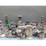 A quantity of mainly 18thC and later pewter including Arts and Crafts, Hutton, Sheffield teaware,