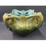 Art Nouveau style jardiniere in green toned glaze with turquoise glaze interior,