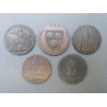Five 18thC Conder type tokens to include Chichester halfpenny, Shrewsbury halfpenny,