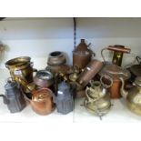 A large quantity of copper, brass and metalware including copper kettle, shell case, Chinese pewter,