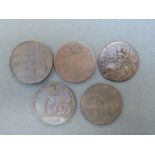 Five 18thC Conder type tokens to include Camac and Camac halfpenny, John Wikinson token,