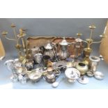 A quantity of silver plate and brass/copper ware including tea set etc