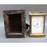 Brass corniche style French carriage clock with enamelled Roman dial, breguet style hands, no.