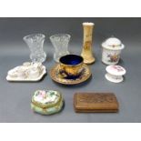 A collection of ceramic and glass cabinet pieces including Royal Worcester, miniature tea set,