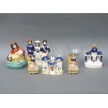 Two engraved Georgian glass rummers and a collection of Staffordshire figures including Jenny Lind,