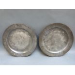 A pair of 18thC pewter plates with Birmingham touch marks and letter X below a crown,