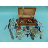 A collection of costume jewellery including brooches, watches, silver cameo ring,