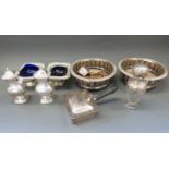 Four hallmarked silver napkin rings, weight 65g, silver-mounted atomiser, plated wine coasters,