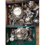 A large quantity of silver plate and other metalware including teaware, trays, tazzas,