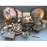 A quantity of silver plate to include pierced tazza, serving platters, pewter teaset,