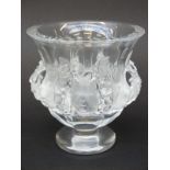 Lalique Dampierre frosted and clear glass pedestal vase decorated with birds amongst foliage,