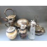 A collection of plated ware including a spirit kettle, Walker and Hall salver,