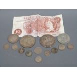 A small collection of silver and other coinage to include 1890 Victorian Jubilee head crown,