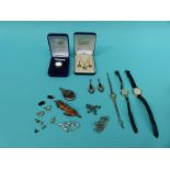 A collection of costume jewellery including gold earrings, hardstone silver pendant,