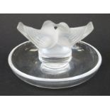 Lalique frosted and clear glass pin tray with two kissing doves to the centre,