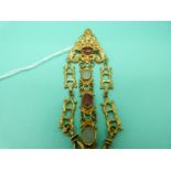 A gilt chatelaine set with agate cabochons with foliate design and a small plated purse