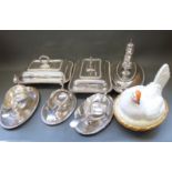 A quantity of plated ware to include serving dishes, three sauce boats,