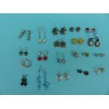 A collection of 20 pairs of silver earrings including pearl, glass,