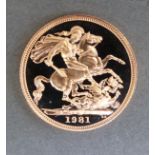 A cased 1981 proof gold full sovereign
