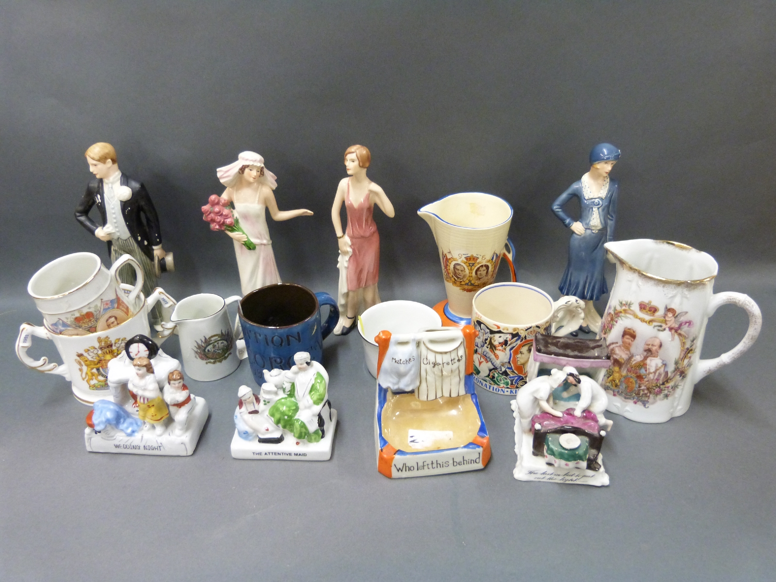 A collection of commemorative ceramics including Brannam Barum George V mug, Wadeheath,