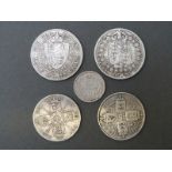 Five Victorian silver coins to include 1856 Gothic florin, 1887 sixpence,