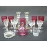 Five cut and etched clear glasses probably John Walsh Walsh together with five cranberry wine