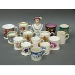A group of Victorian and later mugs including Prattware example etc