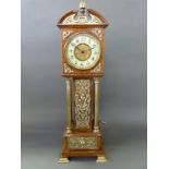 A French late 19th/early 20thC miniature long case clock in oak case embellished with brass overlay