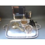 A large Walker & Hall twin handled tray, length 71cm, a pair of plated wine coasters,