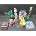 A collection of ceramics and glass to include Wade Nat West pigs, Sylvac style rabbits,