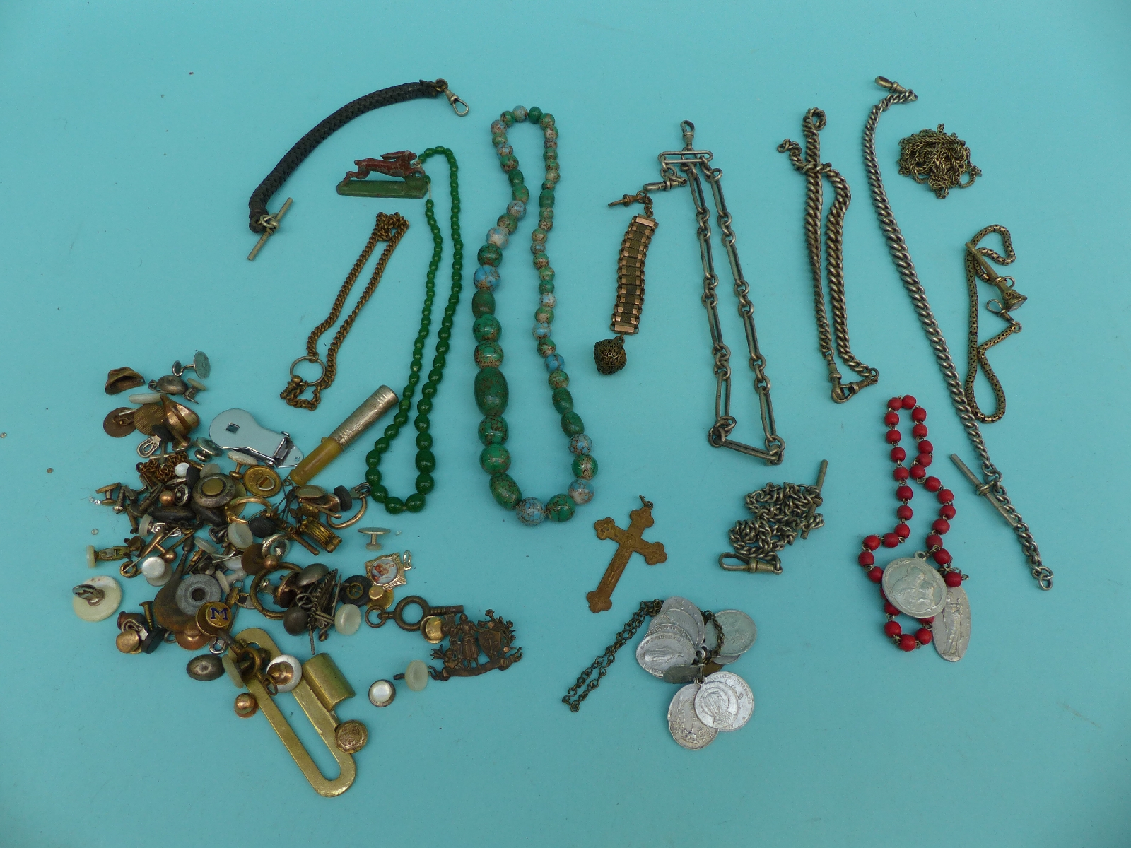 A collection of various Alberts, watch chains, agate necklace, yellow metal watch chain,