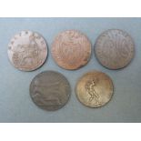 Five 18thC Conder type tokens to include Glasgow halfpenny, Manchester halfpenny,