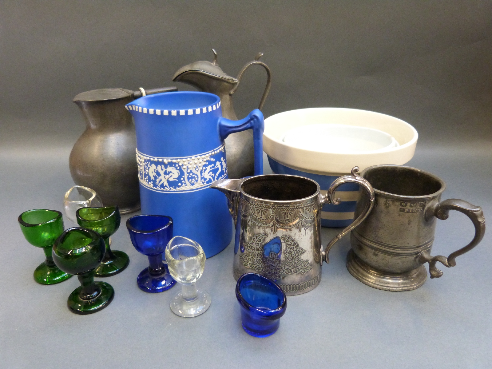 T G Green bowls, Tams jug, pewter items,