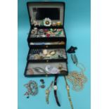 A collection of costume jewellery to include Longines watch, lucite brooch, brooches,